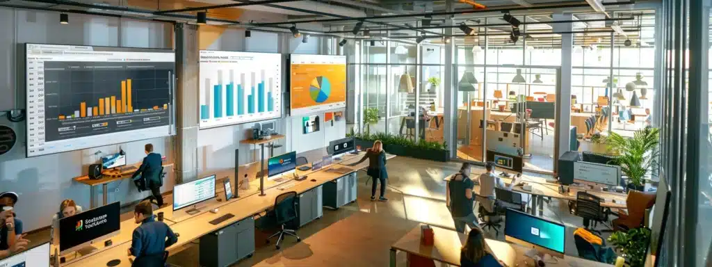 a bustling digital marketing office with screens displaying analytics data, social media engagement, and pay-per-click advertising campaigns.