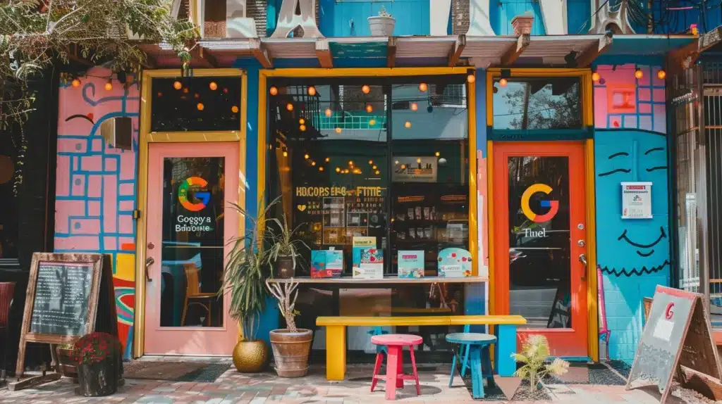 a vibrant storefront with a google my business sticker, local directory listings, and positive customer reviews displayed prominently in the window, showcasing the impact of local seo marketing services on boosting local visibility.