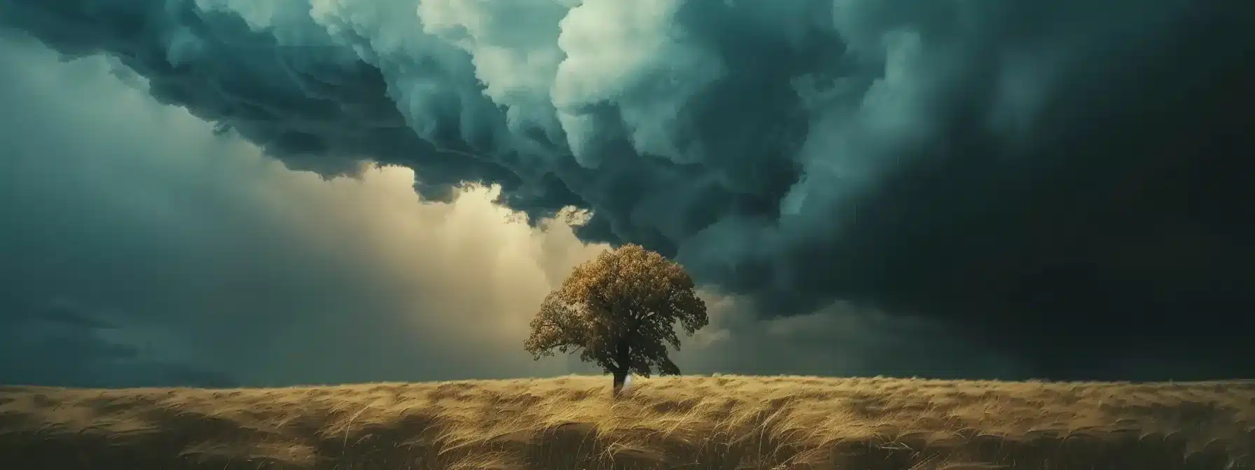 a lone tree standing tall in a vast field under a dramatic, stormy sky.