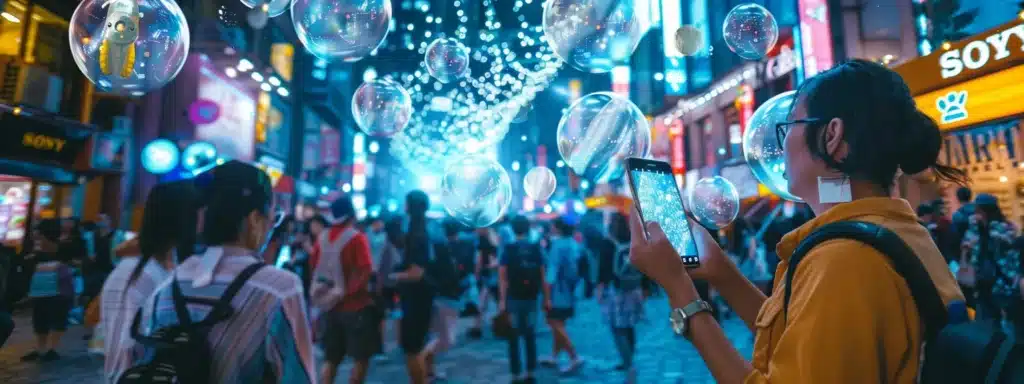 a vibrant street scene with a bustling crowd, where a mobile phone displaying a mobile-friendly website is prominently featured, while text message bubbles float overhead connecting businesses with on-the-go consumers.