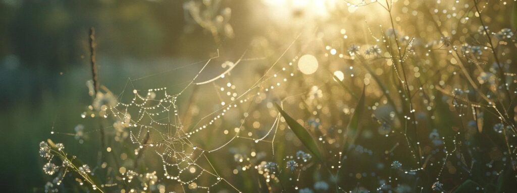 a breathtaking close-up of a delicate spider web adorned with dewdrops glistening in the morning light, symbolizing the intricate beauty and value of quality connections in nature.