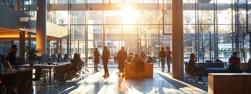 a bustling modern office space, filled with diverse professionals brainstorming over vibrant digital marketing plans displayed on sleek screens, illuminated by soft, natural light streaming through large windows.