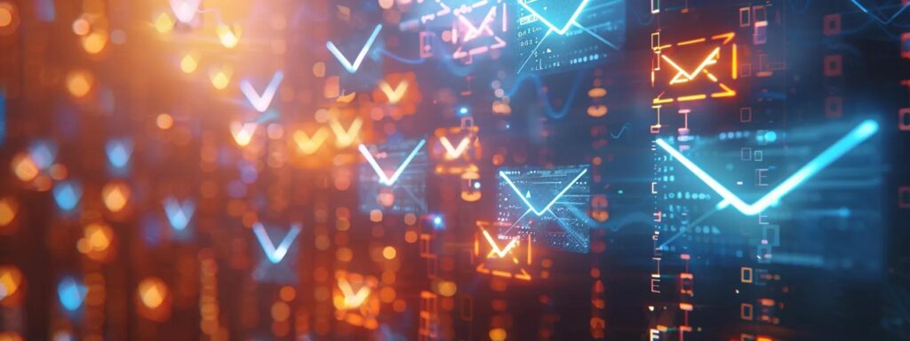 a captivating digital landscape depicting an upward graph overlaid with vibrant email icons, symbolizing the dynamic success of email marketing strategies, bathed in bright, motivating light.