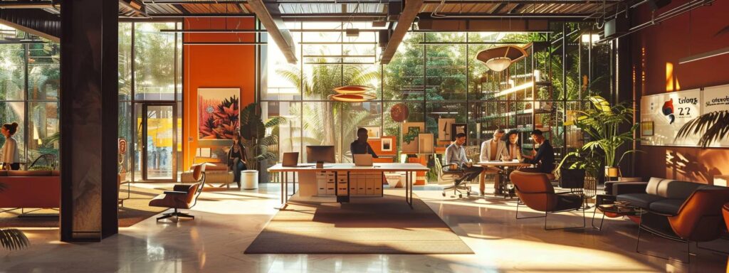 a dynamic and modern workspace showcasing a digital marketing team collaborating around high-tech devices, with vibrant colors and natural light flooding in to create an inspiring atmosphere.