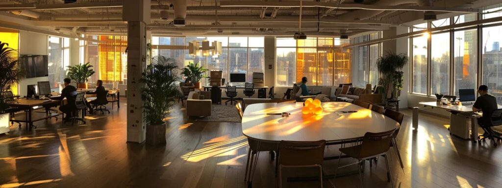 a dynamic and vibrant workspace filled with engaging digital marketing tools and professionals collaborating around a sleek table, illuminated by soft natural light pouring through large windows, embodying the essence of innovative content marketing strategies.