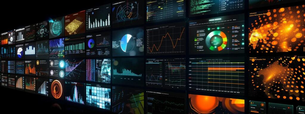 a dynamic collage of vibrant graphs and analytics dashboards, bathed in bright, focused lighting, illustrating the power of data-driven digital marketing strategies for enhanced performance and results.