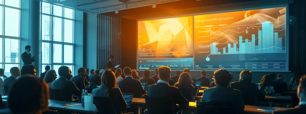 a dynamic conference room filled with diverse professionals engaged in an interactive presentation, showcasing vibrant graphs and charts that illustrate the impact of generative ai on marketing performance, all bathed in natural light streaming through large windows.