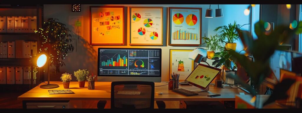 a dynamic, modern workspace bustling with creativity and technology, showcasing vibrant digital marketing strategies through colorful infographics and interactive screens under bright, inspiring lighting.