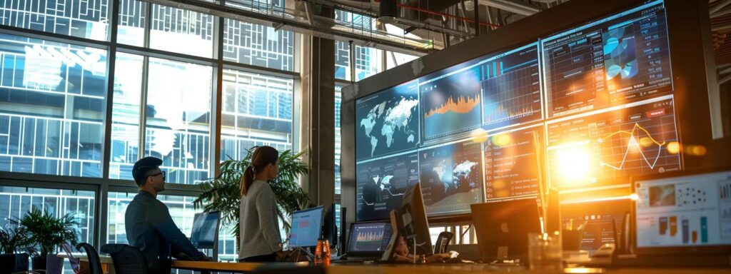 a dynamic office setting showcasing a diverse team collaborating around a vibrant digital display of analytics and email marketing dashboards, illuminated by natural light streaming through large windows, symbolizing business growth and innovation.