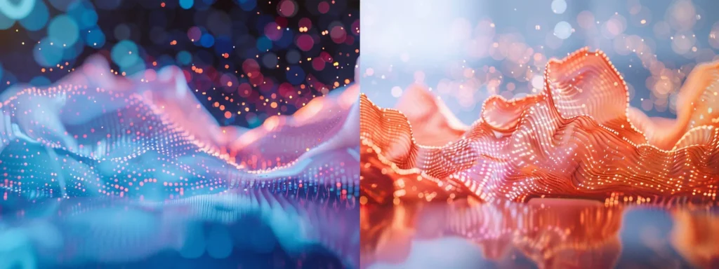 a dynamic split-screen image contrasts vibrant digital visuals representing generative ai's innovative marketing analytics with muted traditional data charts, highlighting the transformative impact on marketing strategies.