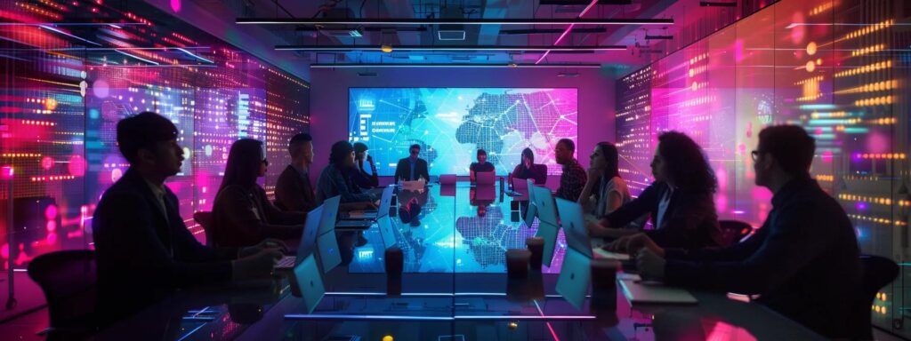 a dynamic split scene visually contrasts an in-house digital marketing team collaborating around a sleek conference table with vibrant brainstorming materials on one side, while on the other side, a bustling agency environment showcases creative professionals engaged in strategic discussions amidst colorful digital displays.