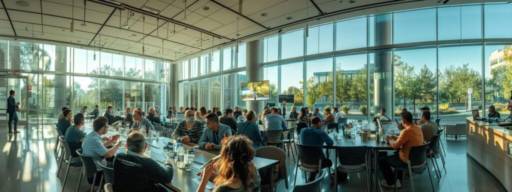 a sleek conference room filled with diverse professionals engaged in a dynamic discussion, illuminated by natural light pouring through large windows, symbolizing collaboration and strategic decision-making in selecting the ideal digital marketing agency.