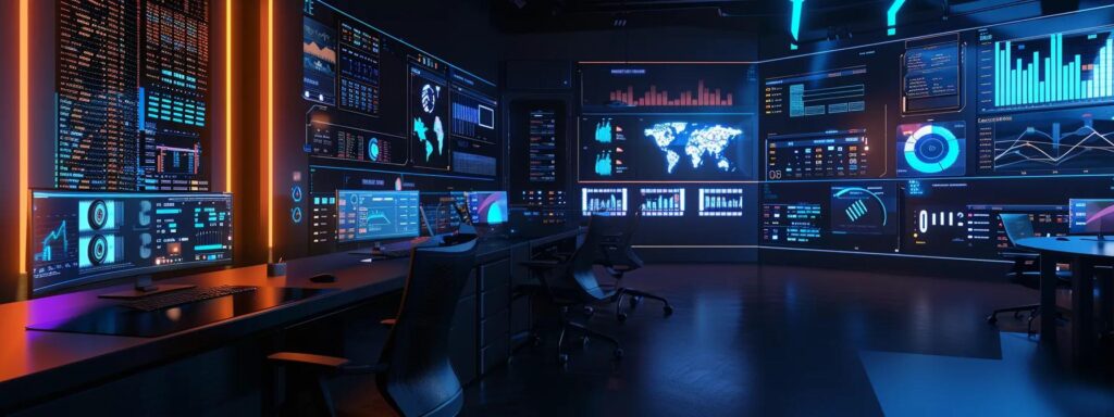 a sleek, modern workspace filled with vibrant digital charts and graphs, showcasing an analytical dashboard illuminating the effectiveness of various seo performance tools.