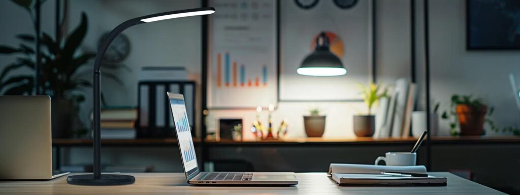 a striking close-up of a digital marketing agency workspace, featuring a sleek laptop, vibrant graphs, and dynamic charts, all illuminated by a bright, focused desk lamp, emphasizing the intricate complexities of service pricing.