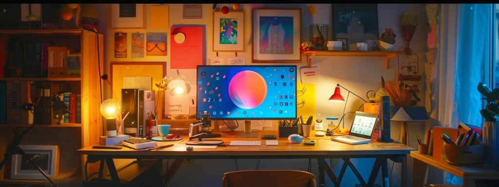 a vibrant and dynamic workspace filled with creative tools, showcasing a digital content creation setup with a glowing computer screen and colorful brainstorming materials that inspire social media success.