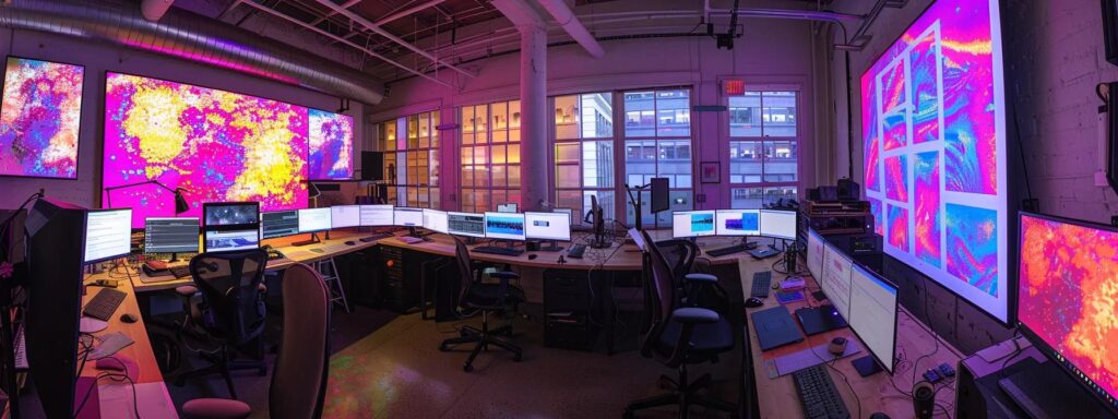 a vibrant and dynamic workspace filled with colorful charts and digital devices, capturing the essence of creativity and strategy in crafting engaging email campaigns.