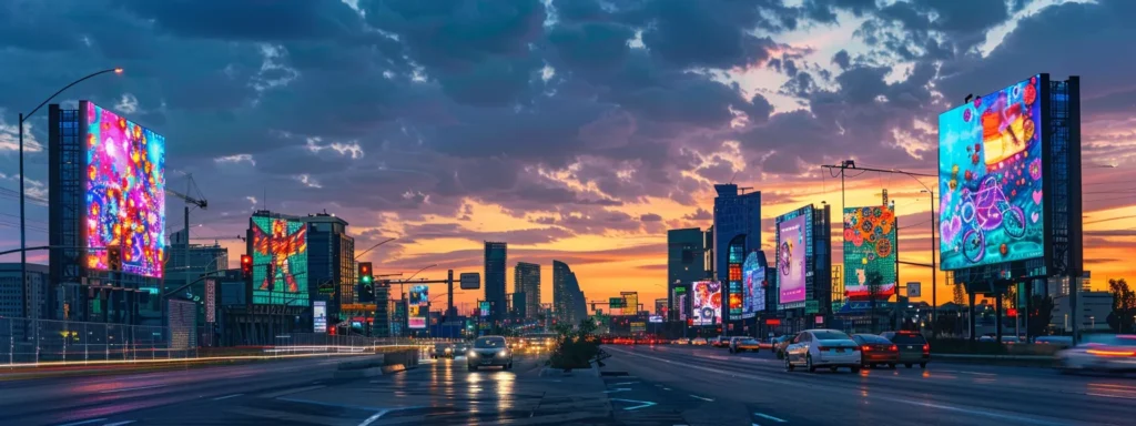 a vibrant cityscape at dusk, showcasing illuminated billboards personalized with dynamic advertisements, symbolizing the transformative power of generative ai in enhancing customer engagement and driving business success.