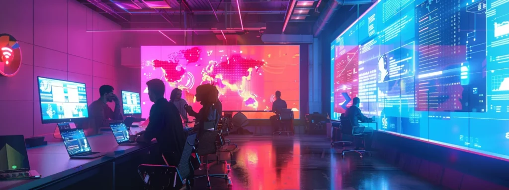 a vibrant, high-tech workspace showcases a diverse team collaborating around digital screens displaying dynamic marketing data and generative ai insights, bathed in soft, futuristic lighting that highlights their focused expressions.