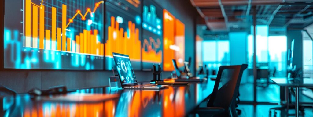 a vibrant, modern office space filled with abstract charts and graphs projected on sleek screens, symbolizing the dynamic landscape of digital marketing agency costs.