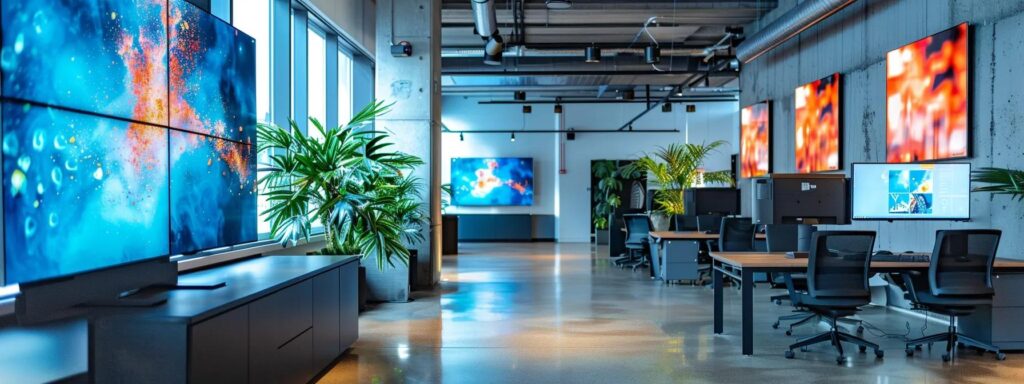 a vibrant, modern workspace filled with engaging digital content displays, showcasing innovative marketing strategies that elevate brand presence.