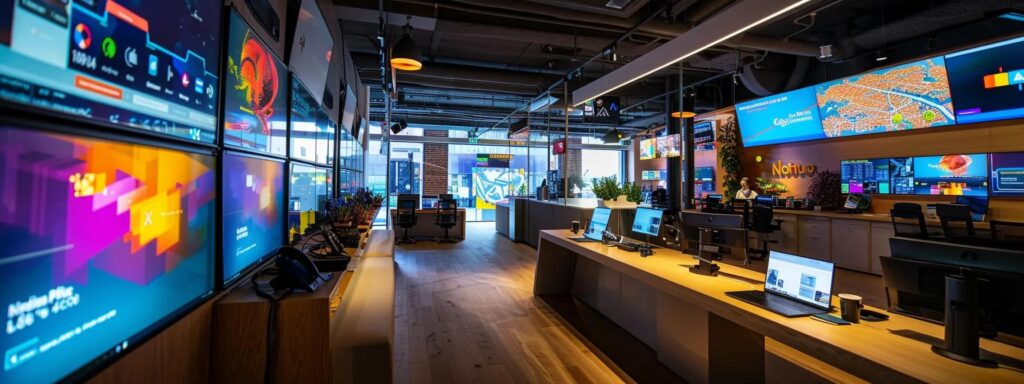 a vibrant, modern workspace is filled with dynamic digital screens displaying engaging social media analytics and strategies, illuminated by bright, ambient lighting to emphasize efficiency and creativity.