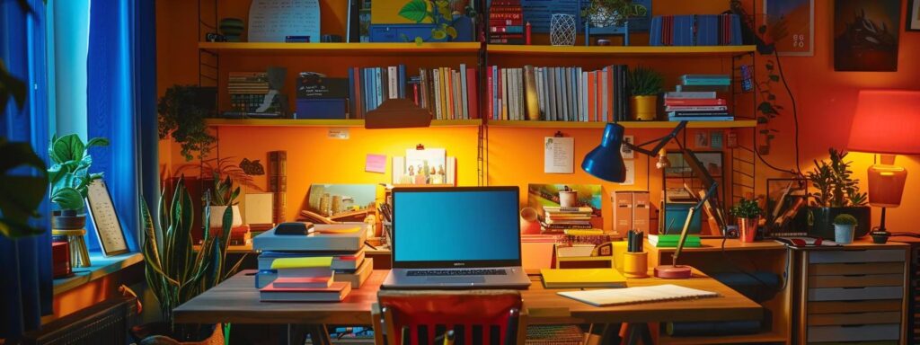 a vibrant workspace filled with a glowing laptop, colorful notepads, and inspiring books, bathed in warm natural light, illustrating the creative process of crafting engaging seo content.