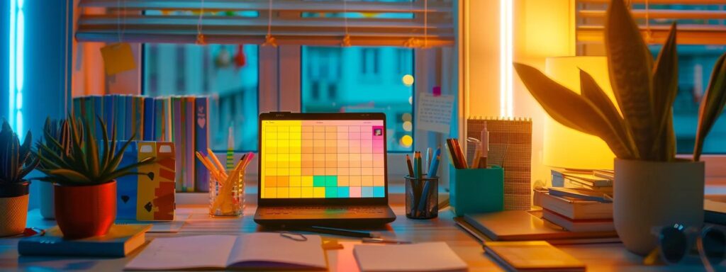 a vibrant workspace filled with colorful planner notepads and a digital device displaying a content calendar, illuminated by soft natural light streaming through a nearby window.