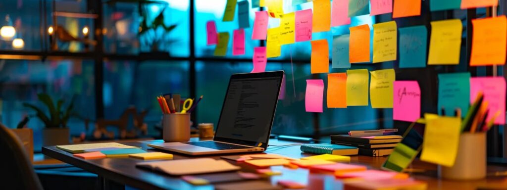 a vibrant workspace filled with colorful sticky notes and a glowing laptop, symbolizing the thoughtful strategy behind selecting effective social media tactics.