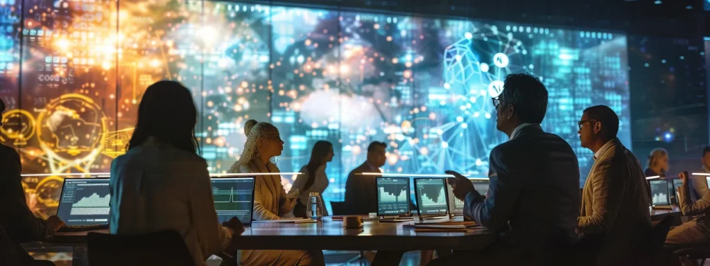 a visually striking scene showcases a futuristic marketing strategy meeting, with vibrant digital displays and diverse team members engaged in animated discussions about budget allocation and hidden costs of generative ai technology.