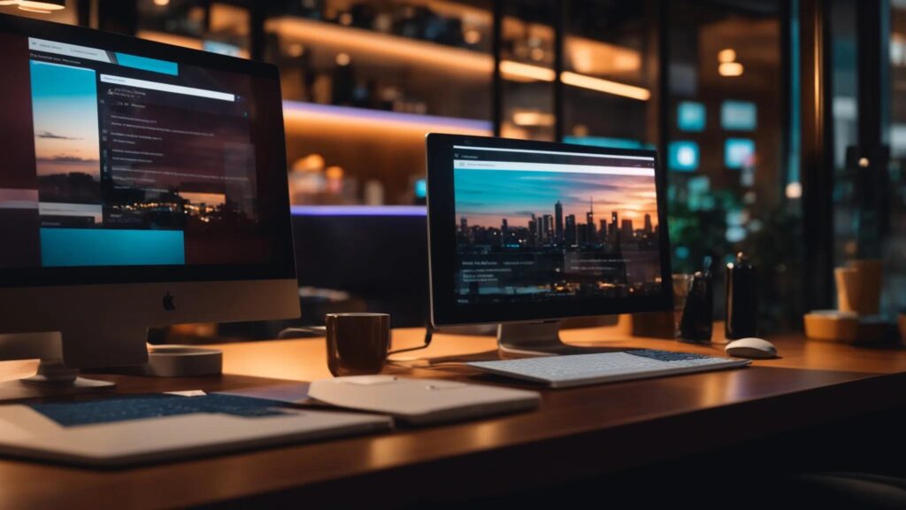 a vibrant, split composition showcasing a dynamic email marketing interface on one side and an engaging social media feed on the other, illuminated by contrasting warm and cool lighting to symbolize different customer engagement strategies.